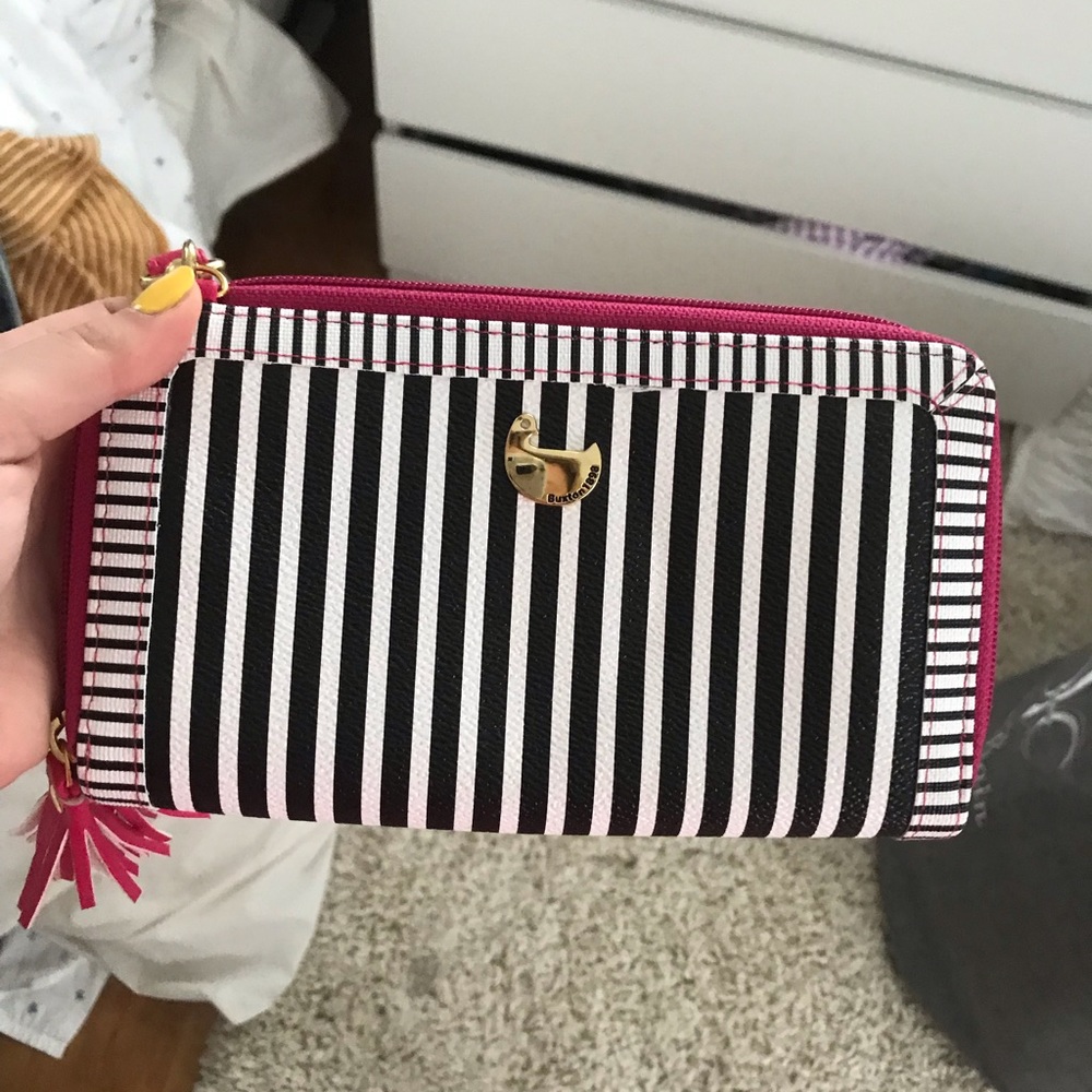 Black and white pink striped wallet with strap